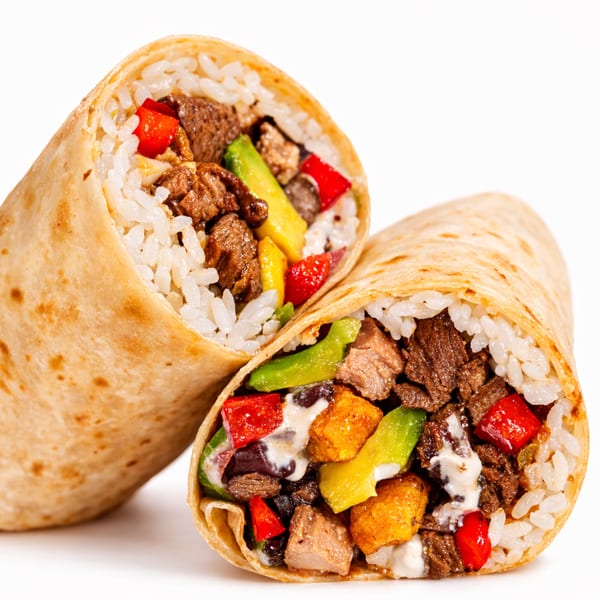 Two halves of a burrito filled with rice, meat, red peppers, avocado, and sauce.