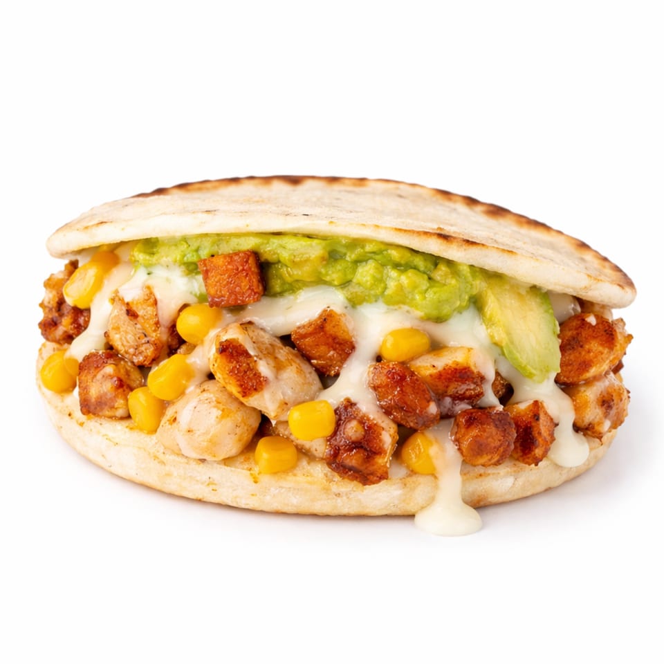 Arepa filled with grilled chicken, corn, melted cheese, and guacamole, on a white background.